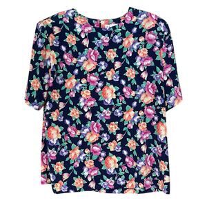 Susan Graver S.G. Sport Vintage Large Blue Floral Short Sleeve Top & Belt/Scarf